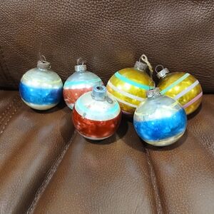 6 Vintage Festive Multicolor Striped Holiday Glass Ornaments Set